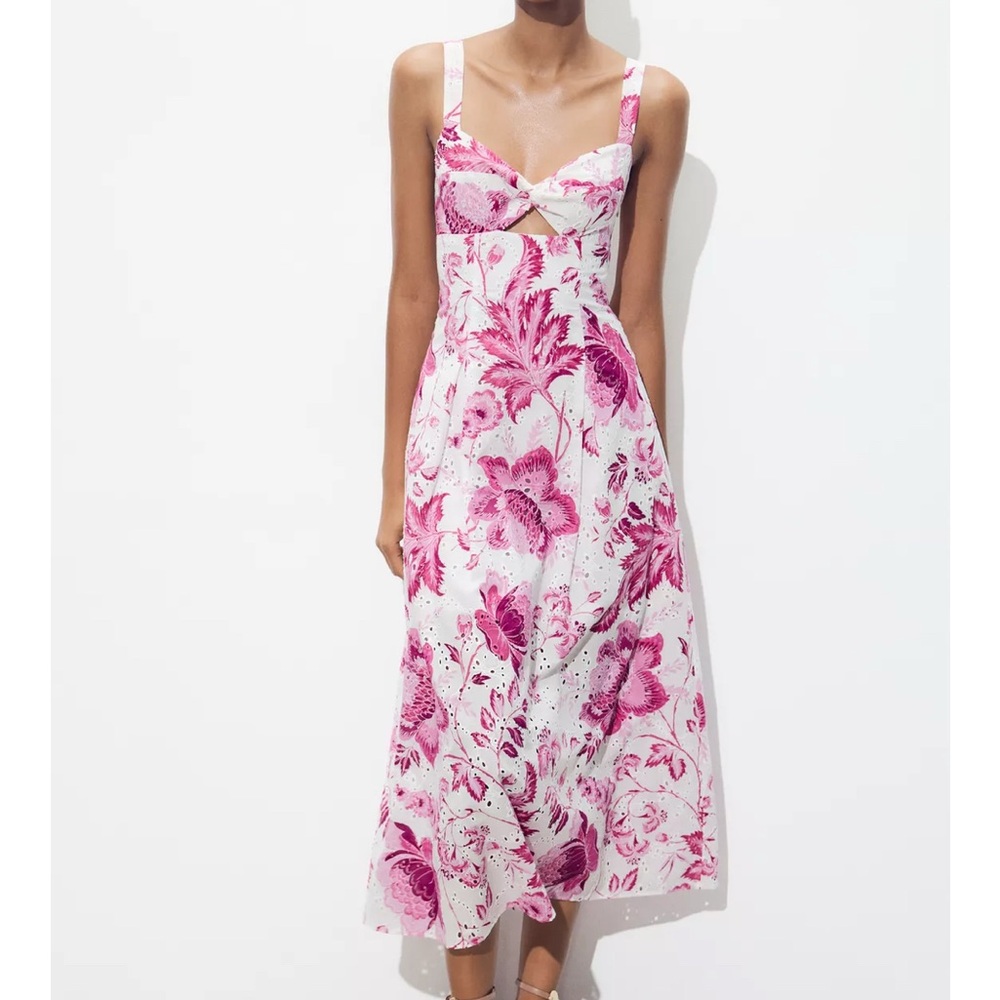 Zara Pink and White Floral Midi Dress